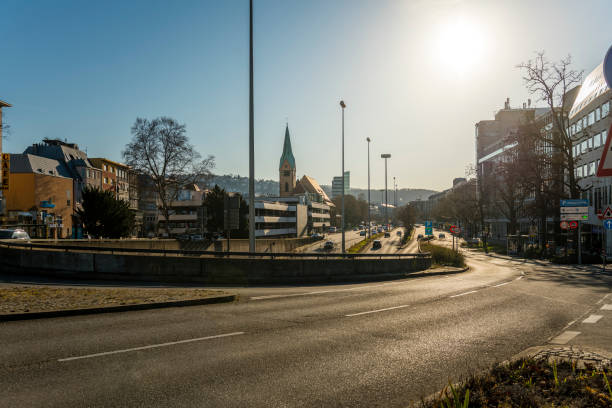 Stuttgart, Germany - February 13, 2022: Empty mainstreet through the city center of Stuttgart