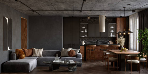 Open plan living room interior with dark walls, 3d render