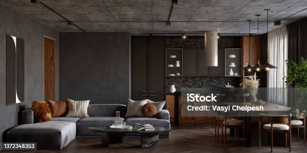 Open Plan Living Room Interior With Dark Walls 3d Render Stock Photo - Download Image Now