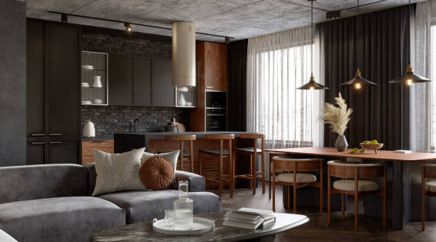 istock Open plan living room interior with dark walls, 3d render 1372348362
