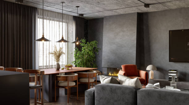 istock Open plan living room interior with dark walls, 3d render 1372348364