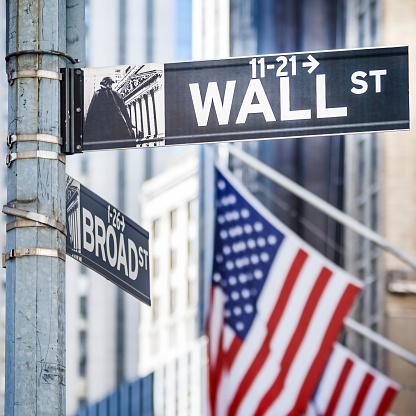 Close up shot of some street signs at Wall Street in New York city, USA.