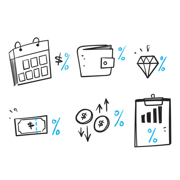 ilustrações, clipart, desenhos animados e ícones de doodle desenhado à mão simples conjunto de vetor de ilustração vetorial relacionado imposto - tax tax form law business