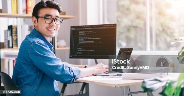 Young Asian Programmer Working At Office Stock Photo - Download Image Now - Computer Programmer, Web Designer, Men