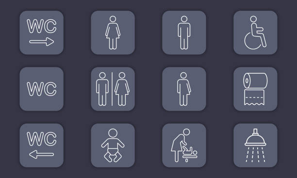 ilustrações, clipart, desenhos animados e ícones de conjunto de ícone de linha wc. sinal de banheiro. sala da mãe e do bebê. banheiro público para deficientes, masculino, feminino, traçar contorno transgênero pictogram. ilustração vetorial - traçar