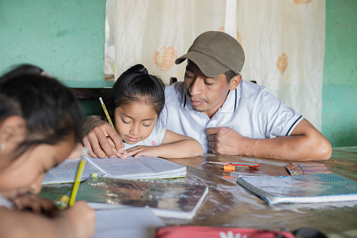 Hispanic father helping his daughters do their homework - teacher teaching girls to read and write - Mayan family at home in extracurricular activities