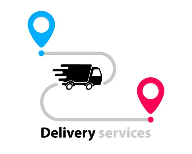 Vector illustration of Delivery truck with map location, route path concept. Cargo van moving fast. Express delivery service icon with van and destination point. Point navigation, delivery way, geo location. Location pin