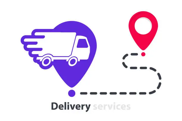 Vector illustration of Delivery truck with map location, route path concept. Cargo van moving fast. Express delivery service icon with van and destination point. Point navigation, delivery way, geo location. Location pin