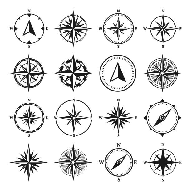 Vintage marine wind rose, nautical chart. Monochrome navigational compass with cardinal directions of North, East, South, West. Geographical position, cartography and navigation. Vector illustration Vintage marine wind rose, nautical chart. Monochrome navigational compass with cardinal directions of North, East, South, West. Geographical position, cartography and navigation. Vector illustration adventure symbols stock illustrations