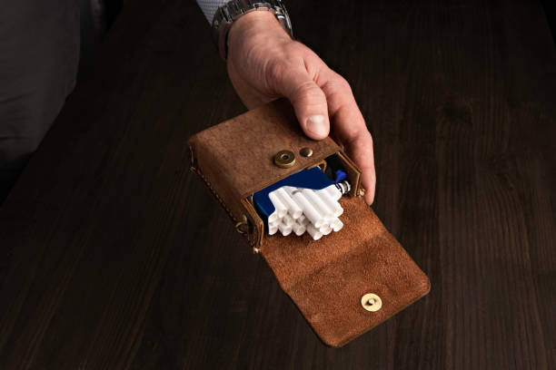 istock Stylish men's accessory cigarette case made of brown craft leather 1372355064
