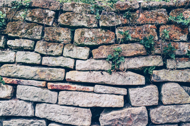 istock Paved wall with a rough, clear texture and deep lines between large stones. Laying an old fence. Destroyed stone fence. 1372357228