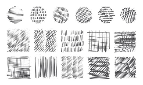 illustrations, cliparts, dessins animés et icônes de motif de trait de crayon. gribouillage de plume. texture d’esquisse dessinée à la main avec des lignes de stylo. hachure croisée ou parallèle. fonds noir et blanc. jeu de formes vectorielles carrées et rondes - cross shape cross pattern black