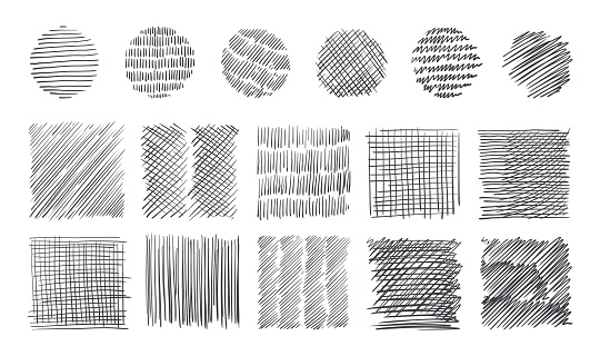 Pencil stroke pattern. Pen doodle scrawl. Hand drawn sketch grunge texture with freehand pen lines. Cross or parallel hatch. Black and white backgrounds. Vector square and round hatching shapes set