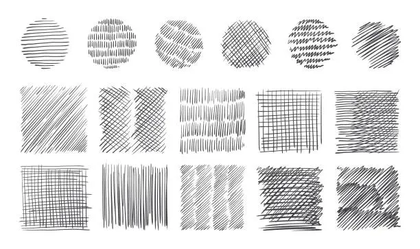 Vector illustration of Pencil stroke pattern. Pen doodle scrawl. Hand drawn sketch texture with pen lines. Cross or parallel hatch. Black and white backgrounds. Vector square and round hatching shapes set