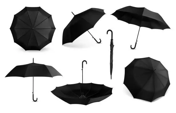 Vector illustration of Black umbrella. Realistic mockup of open and closed rain protection accessory. View from different angles on parasol with handle. Folded waterproof tents. Vector classic canopies set