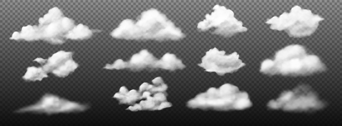 Cumulus clouds. Realistic white summer cloudscape elements. Sky condensation precipitation mockup on transparent background. Fluffy smoke. Overcast weather. Vector 3D cloudy shapes set