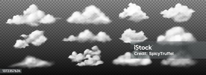 istock Cumulus clouds. Realistic white summer cloudscape elements. Sky condensation precipitation mockup on transparent background. Fluffy smoke. Overcast weather. Vector 3D cloudy shapes set 1372357634