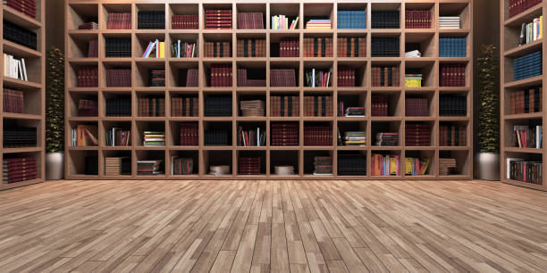 Modern big library design, wooden bookshelf realistic 3D rendering stock photo