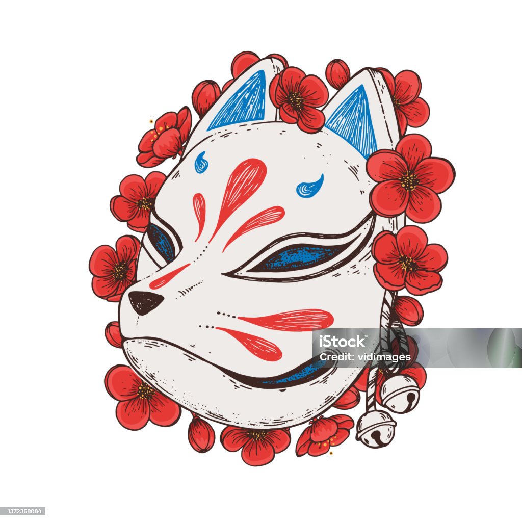 Mặt Nạ Kitsune Với Camelia Hoa Vẽ Vẽ Vector Minh Họa Quỷ Truyền ...