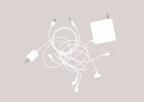 Vector illustration of A set of laptop and mobile phone chargers, cables and earphones tangled in a big knot