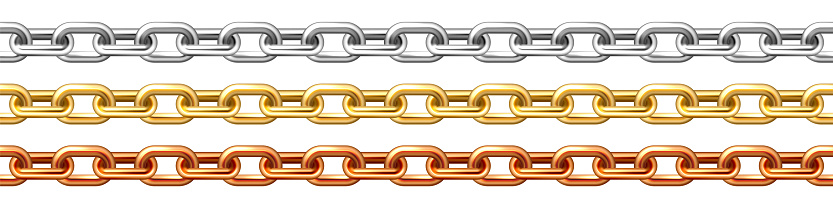 Realistic seamless golden, silver and bronze chains isolated on white background. Metal chain with shiny gold plated links. Vector illustration