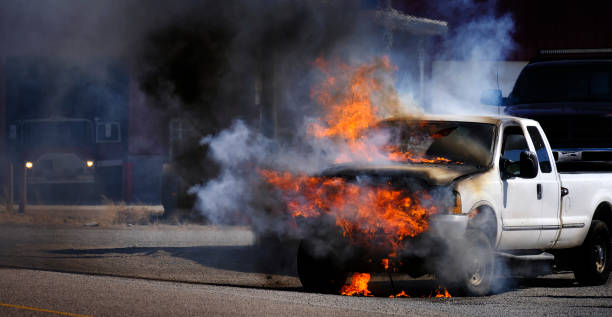 istock Truck Vehicle on Fire Burning in Flames Destroyed 1372360545