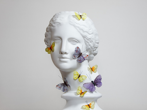 Plaster head model (mass produced replica of Head of Aphrodite of Knidos) covered with butterflies