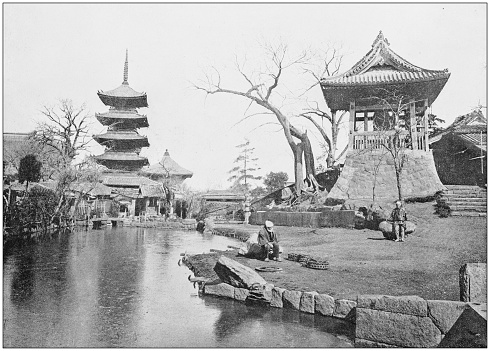 Antique photograph of World's famous sites: Pagoda and Bell tower, Sekiyado, Japan