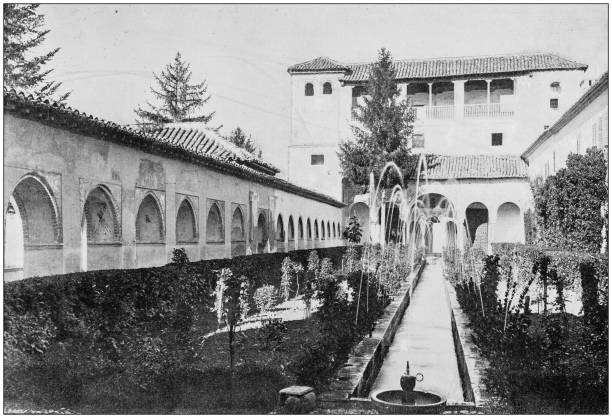 Antique photograph of World's famous sites: Generalife gardens, Granada, Spain Antique photograph of World's famous sites: Generalife gardens, Granada, Spain generalife gardens stock illustrations