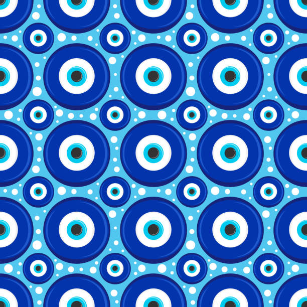 邪悪な目のシームレスなパターン。トルコとギリシャの保護の象徴。青いナザールのお守りと背景。ベクターアミュレット - evil eye beads点のイラスト素材／クリッ��プアート素材／マンガ素材／アイコン素材