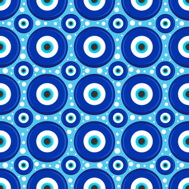 ilustrações de stock, clip art, desenhos animados e ícones de evil eye seamless pattern. symbol of protection in turkey and greece. background with blue nazar talismans. vector amulet - evil eye beads