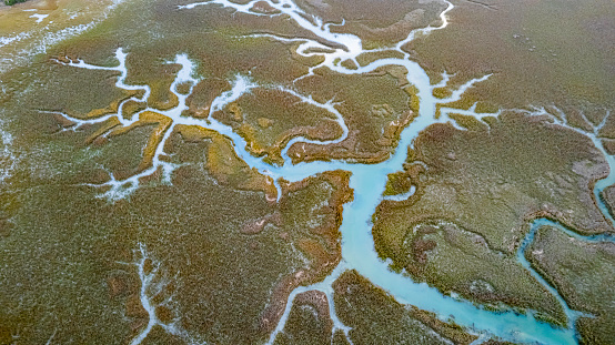 A river through the wetlands of the panhandle of Florida near the Alabama border shot from an altitude of about 500 feet.