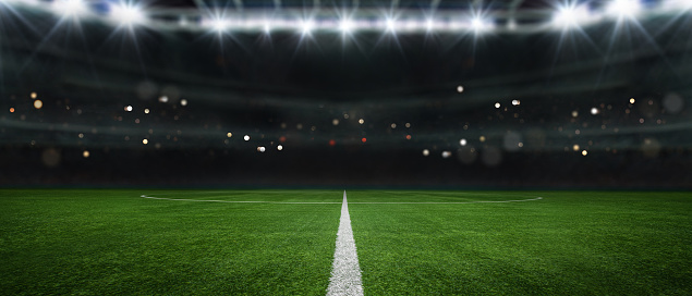 campo de juego de fútbol texturizado con niebla de neón - centro, centro del campo, ilustración 3D photo