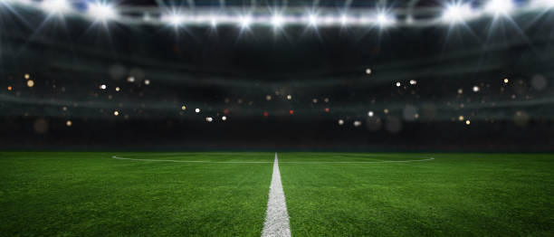 textured soccer game field with neon fog - center, midfield, 3d illustration - soccer imagens e fotografias de stock