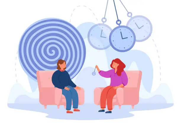 Vector illustration of Woman conducting hypnosis session flat vector illustration