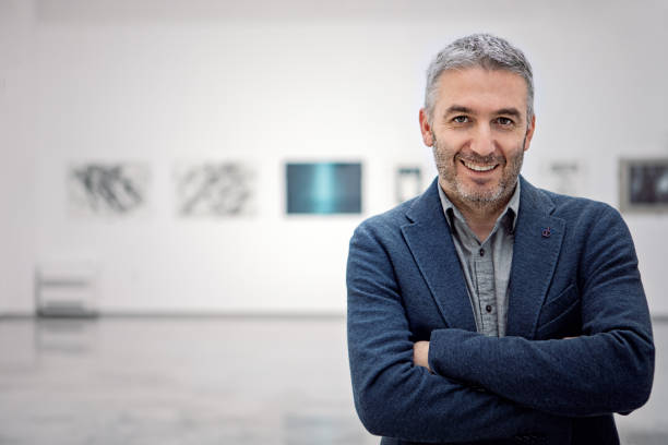 Portrait of exhibition manager/visitor in a gallery stock photo
