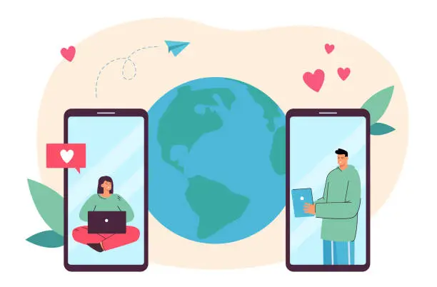 Vector illustration of Online chat of tiny people on screens of mobile phones