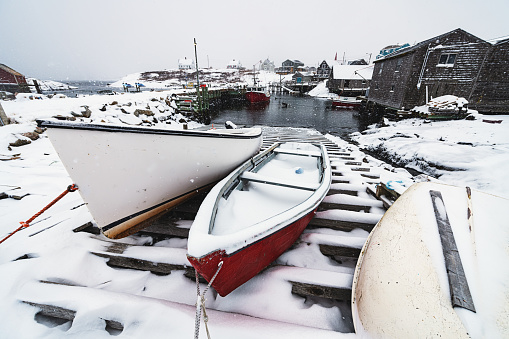 The well known fishing village of Peggy's Cove during a Winter storm.