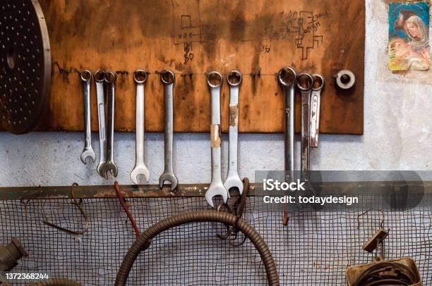 Old Wrenches Hang On The Wall In The Old Workshop The Atmosphere Of The Old Garage Stock Photo - Download Image Now