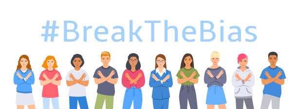 Break the bias women men crossed arms pose Break the bias campaign. Diverse women and men stand with crossed arms pose to stop gender discrimination and fight stereotypes. People equality movement. International Women Day. Flat illustration breaking glass ceiling stock illustrations