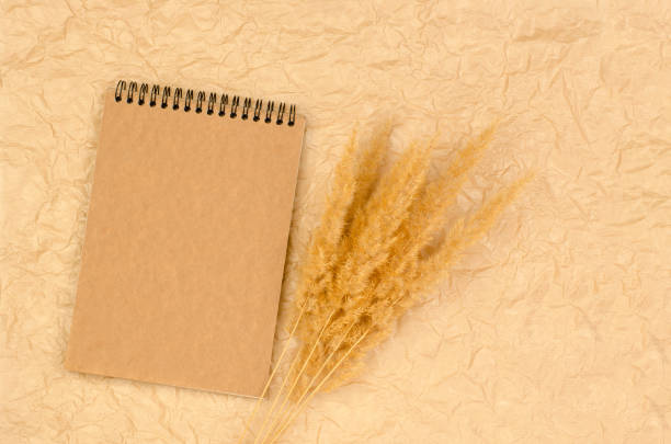 istock Blank notepad with kraft paper on crumpled beige background with pampas grass. Form for congratulations or invitations. 1372369880