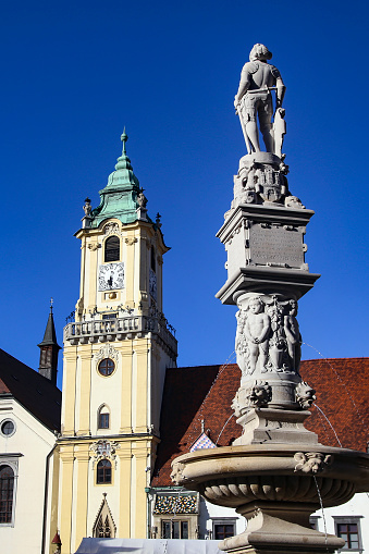 Roland's Fountain and Old Town Hall on the Main Square, Hlavne namestie in Bratislava.