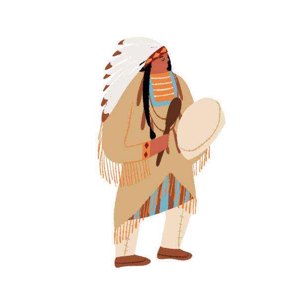 ilustrações de stock, clip art, desenhos animados e ícones de native american shaman, tribal magician beats the drum and dancing. wild west indian american man in traditional ethnic costume performing ritual dance of indigenous people of america. - west indian culture