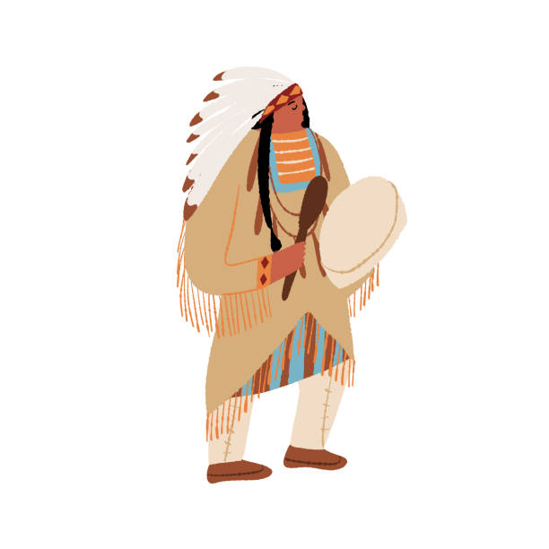 Native American Shaman Tribal Magician Beats The Drum And Dancing Wild West  Indian American Man In Traditional Ethnic Costume Performing Ritual Dance  Of Indigenous People Of America Stock Illustration - Download Image