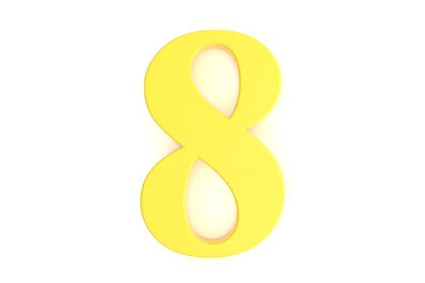 Yellow number eight on white background