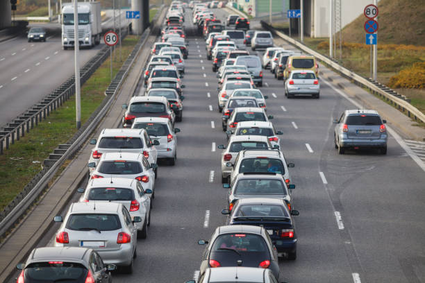 istock Traffic jam on an express road, several cars waiting in the queue 1372373696