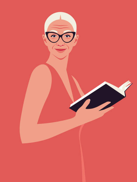 ilustrações de stock, clip art, desenhos animados e ícones de a happy elderly woman is holding an interesting book - woman with glasses reading a book
