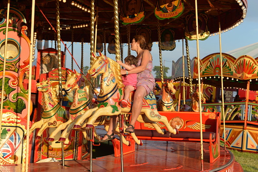 Illuminated retro style carousel, Christmas decorations. Vigo, Pontevedra province,  Galicia, Spain.