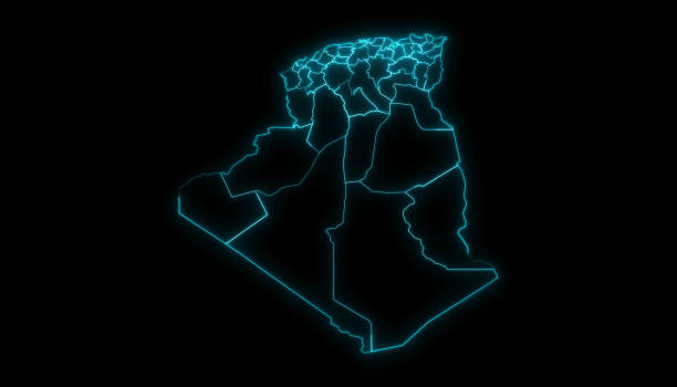 Outline Map of Algeria with Provinces in Black Background stock photo