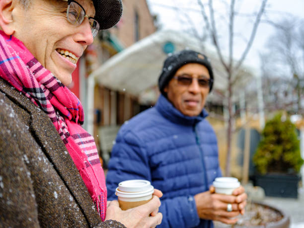 istock Senior men out for a winter walk and coffee 1372380564